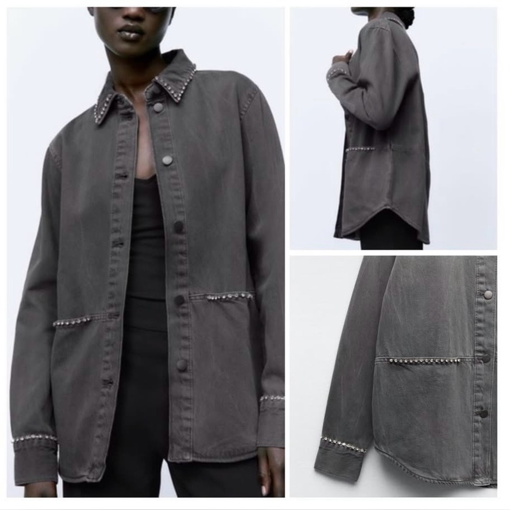 ZARA Gray Crystal Studded Denim Over Shirt
